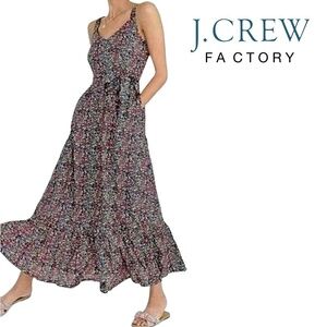 J. Crew Floral Tiered Maxi Dress Colourful Vibrant Floral Print Linen & Cotton
